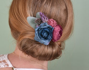 Flower Hair Clip in Plum and Navy Blue