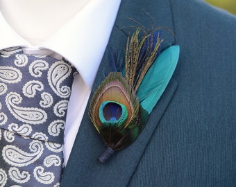 Teal and Navy Peacock and Pheasant Feather Lapel Pin