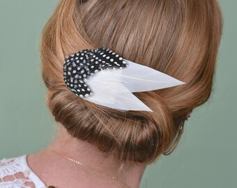 Feather Hair Clip in Ivory and Spotted Guinea Fowl