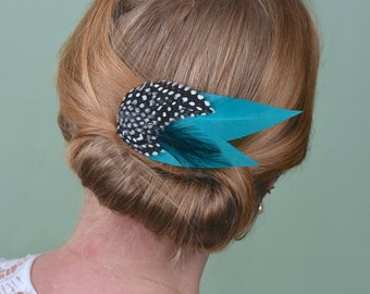 Feather Hair Clip in Teal Turquoise  and Spotted Guinea Fowl