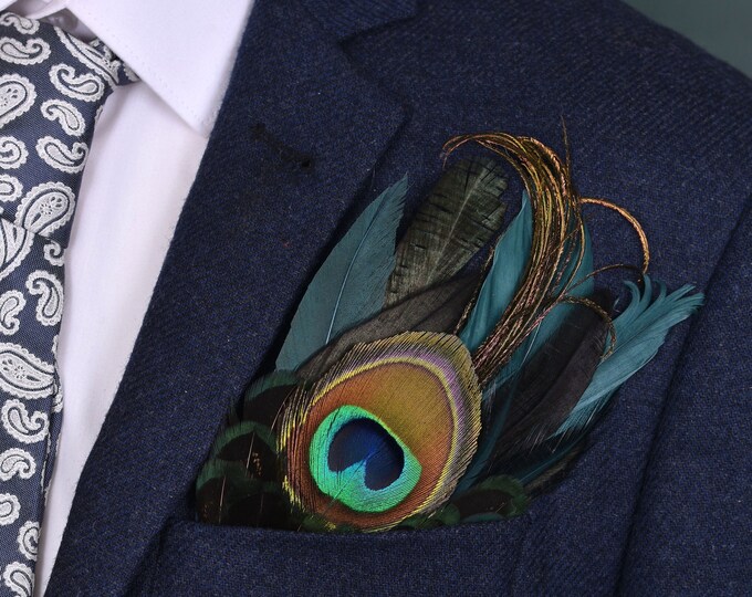 Shades of Green Peacock and Pheasant Feather Pocket Square No.95