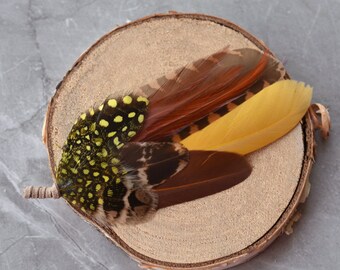 Mustard Yellow and Tan Brown Feather Lapel Pin No.200