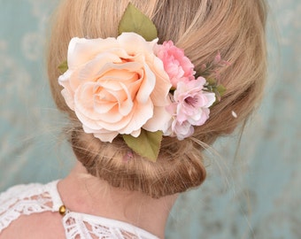 Peach and Pink Vintage Style Rose Flower Hair Clip