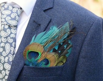 Teal and Green Blue Peacock Feather Pocket Square No.188