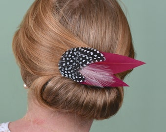 Feather Hair Clip in Burgundy and Spotted Guinea Fowl