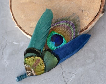 Teal, Green and Navy Peacock and Pheasant Feather Lapel Pin | Unique Peacock Feather Boutonniere | Peacock Feather Brooch