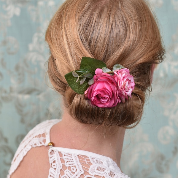 Barrette à cheveux rose vif et fleur de pivoine | Pince à cheveux fleur de soie | Pince à cheveux de mariée | Pince à cheveux demoiselles d'honneur | Fleuriste