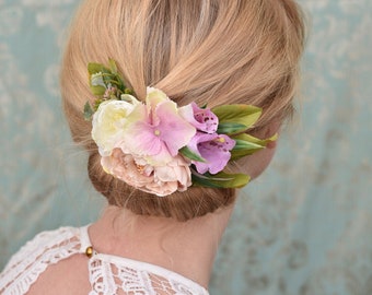 Peony, Ranunculus and Fox Glove Flower Hair Clip in Pink and Ivory