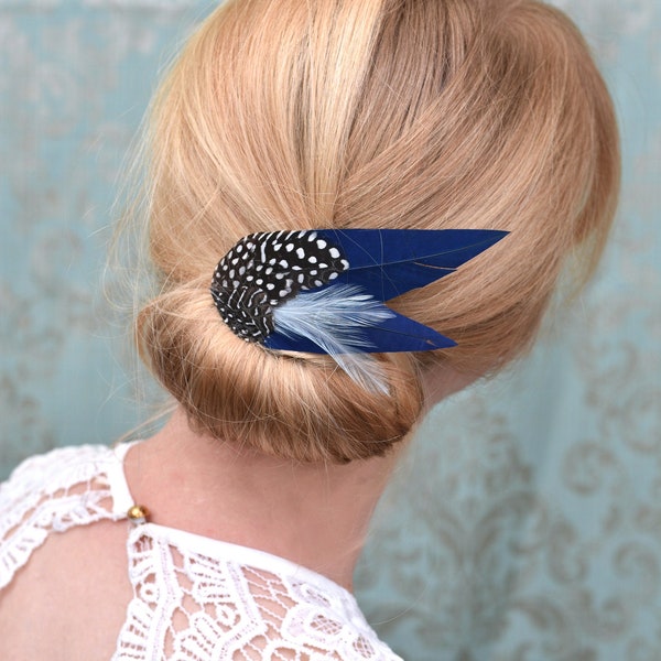 Navy Blue and Polka Dot Feather Hair Clip | Blue Feather Fascinator | Blue Feather Headpiece | Wedding Fascinator | Bridal Headpiece