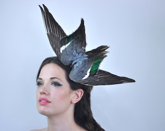 Diving Bird Wing Feather Headpiece in Teal and Soft Grey Blue | Wing Headpiece | Ascot Headpiece | Races Fascinator | Bird Headpiece |