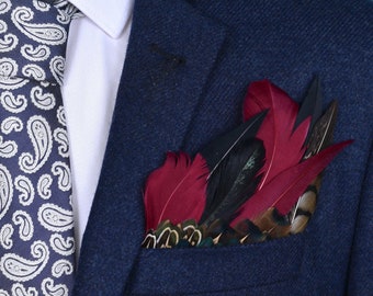 Burgundy, Black and Pheasant Feather Pocket Square No.56