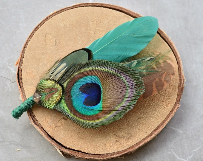 Green Pheasant and Peacock Feather Lapel Pin