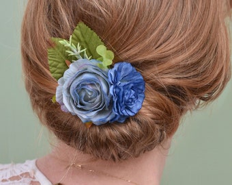 Flower Hair Clip in Blue Roses and Peony