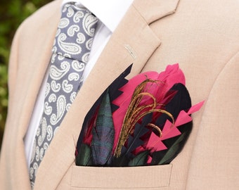 Burgundy and Black Feather Pocket Square No.212