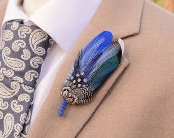 Royal Blue and Navy Blue Duck Feather Lapel Pin / Hat Pin