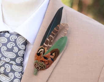 Bottle Green and Copper Pheasant and Duck Feather Lapel Pin No.266