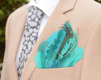 Turquoise, Teal and Green Feather Pocket Square No.213