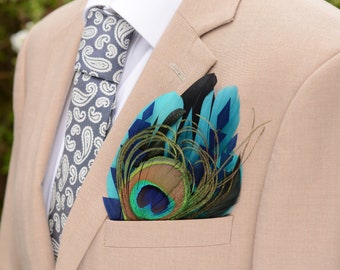 Teal and Navy Peacock Feather Pocket Square No.225