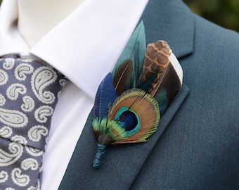 Peacock and Pheasant Navy and Green Feather Lapel Pin Small No.168