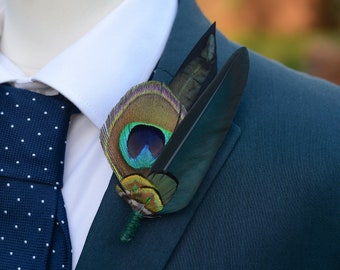 Green and Black Peacock and Duck Feather Lapel Pin