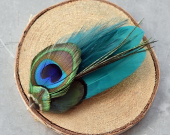 Teal and Peacock Feather Hair Clip
