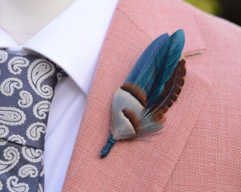 Navy Blue and Teal Partridge Feather Lapel Pin