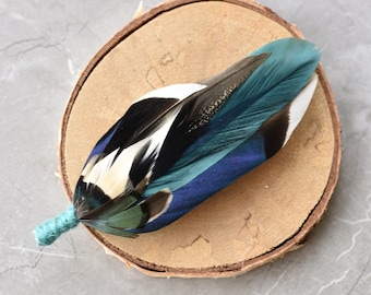 Turquoise and Blue Duck Feather Lapel Pin / Hat Pin No.234