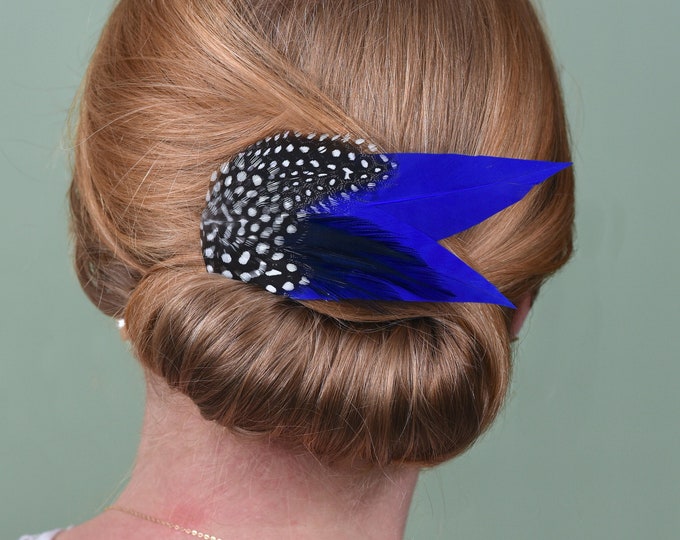 Cobalt Blue and Polka Dot Feather Hair Clip