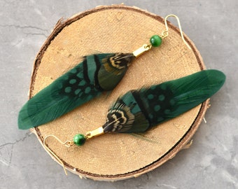 Green Feather and Agate Bead Earrings