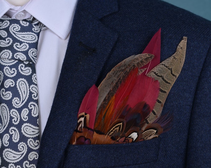 Burgundy and Copper Pheasant Feather Pocket Square No.80