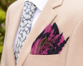 Plum Purple and Deep Navy Feather Pocket Square No.227