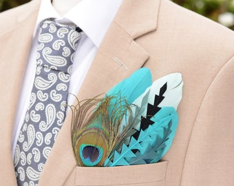 Teal, Green and Black Peacock Feather Pocket Square No.228 | Suit Accessory