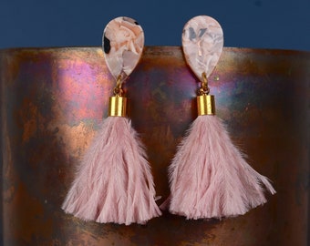 Blush Pink Marble Acetate and Ostrich Feather Tassel Earrings