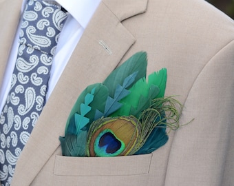 Teal and Green Peacock Feather Pocket Square No.249