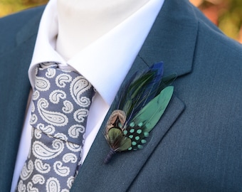 Navy Blue and Bottle Green Feather Lapel Pin