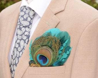 Teal and Turquoise Green Peacock Feather Pocket Square No.234