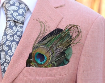 Shades of Black and Green Peacock Feather Pocket Square No.190