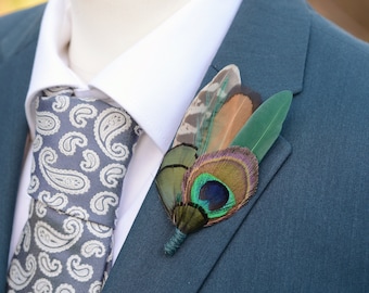 Green Peacock and Pheasant Feather Lapel Pin