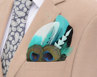 Shades of Teal and Green Peacock Eye Feather Pocket Square No.204 | Suit Accessory