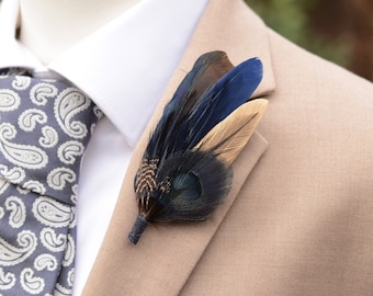 Black Peacock and Navy Blue Feather Lapel Pin Small No.241