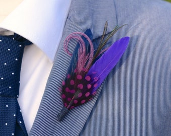 Navy Blue and Purple Polka Dot Feather Lapel Pin