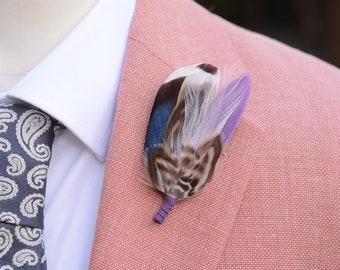 Grape Purple and Navy Blue Duck Feather Lapel Pin