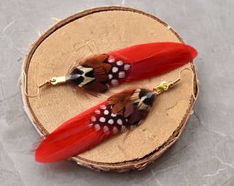 Red Pheasant Feather Earrings