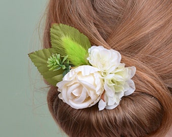 White Rose and Cherrry Blossom Flower Hair Clip