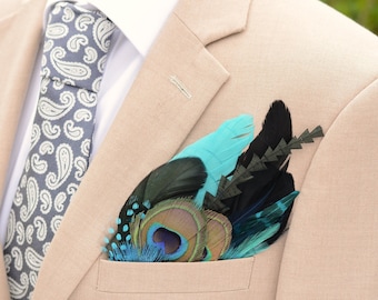Shades of Teal and Turquoise Peacock Eye Feather Pocket Square No.252