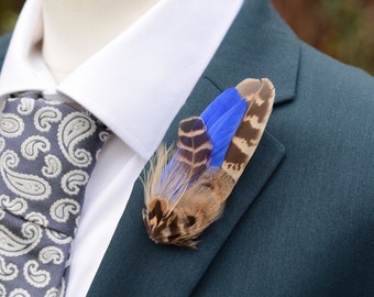 Royal Blue and Pheasant Feather Lapel Pin Small No.73