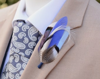 Duck Navy and Pastel Blue Feather Lapel Pin Small No.225