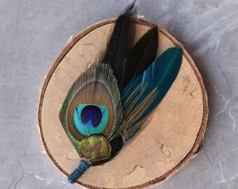 Teal and Peacock Feather Lapel Pin / Hat Pin