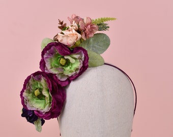 Sculptural Plum and Peach Flower Headpiece