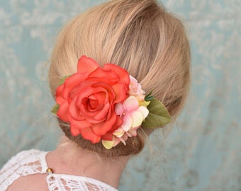 Bright Orange, Pink and Yellow Vintage Style Rose Flower Hair Clip